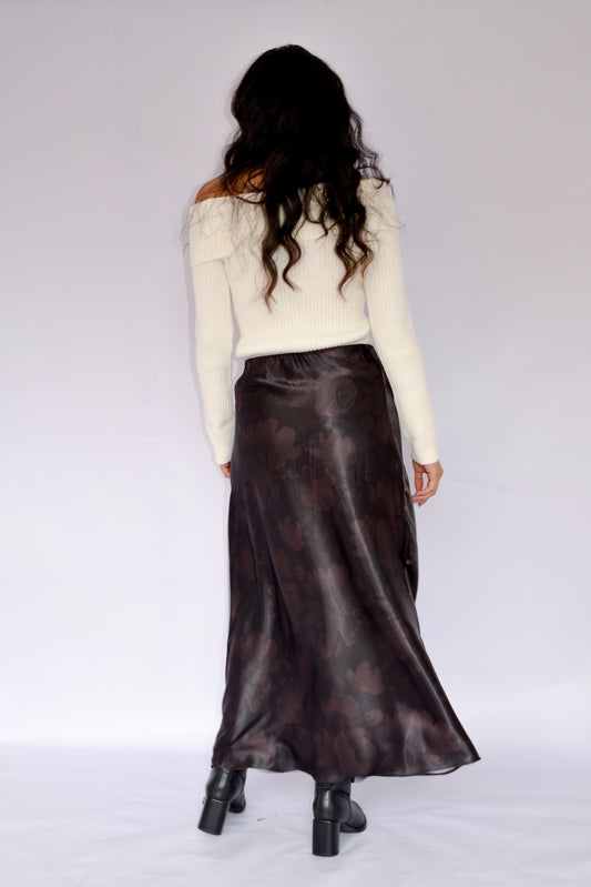 falda seda estampada flores café