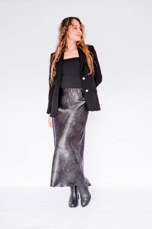 falda seda estampada flores plomo